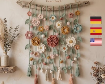 3in1 Crochet Wall Hanging Flower Pattern Bundle PDF, Boho Botanical Macrame Crochet Pattern, Wall Art Decor, Digital Download