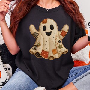 Patchwork Ghost Shirt, Quilted Halloween Tee, Cottagecore Spooky Season Comfort Colors Shirt, Cute Fabric Applique Fall Gift for Her