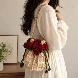 Crochet Rose Potli Bag, Handmade Flower Purse, Burgundy Red Rose Bag, Boho Wedding Bag, Crochet Drawstring Bag, Bridal Gift, Evening Bag
