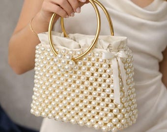 Handmade Pearl Beaded Handbag | Ivory Bridal Clutch, Gold Handle Evening Bag