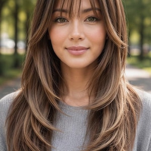 May include: A person with long, layered brown hair featuring wispy bangs that frame the face. The hair has subtle highlights and a smooth, straight texture. The individual is wearing a simple, solid light gray knit sweater with a crew neckline.