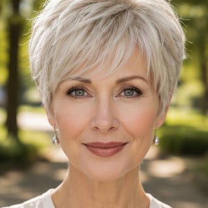May include: A person with a short, layered, platinum blonde pixie haircut featuring textured bangs. The individual is wearing simple, dangling silver earrings with small, smooth, greyish-white teardrop-shaped pearls and a plain white sleeveless top.