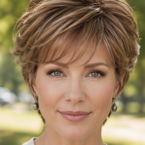 May include: A short, layered, light brown wig with blonde highlights and side-swept bangs. The hair is styled with volume at the crown and tapered sides. The wig features a natural-looking texture and a soft, multi-tonal color blend throughout.