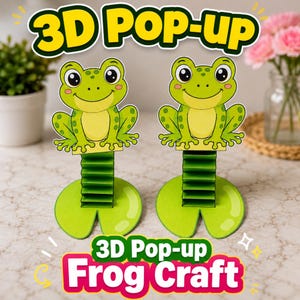 Puede incluir: Dos manualidades de ranas pop-up en 3D que presentan ranas de dibujos animados verdes con ojos grandes, sentadas sobre tallos de papel plegados en acordeón unidos a bases de hojas de nenúfar verdes. El texto 3D POP-UP es visible.