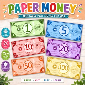 Puede incluir: Un conjunto de dinero de juguete imprimible para niños con denominaciones de 1, 5, 10, 20, 50 y 100 dólares. Los billetes son verdes, azules, rojos, morados, naranjas y amarillos, con el texto PAPER MONEY, PRINTABLE PLAY MONEY FOR KIDS, PRINT, CUT, PLAY, LEARN.