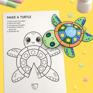 May include: A craft activity sheet titled MAKE A TURTLE with instructions and a black and white turtle outline, alongside a fully coloured turtle cutout, two markers, a glue bottle, and small star-shaped confetti pieces on a yellow background.