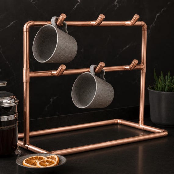 Handcrafted Copper Pipe Mug Rack | 6 Cup Industrial Coffee Mug Holder