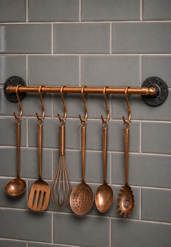Copper Utensil Rail – Industrial Farmhouse Kitchen Wall Rack, Mug Holder