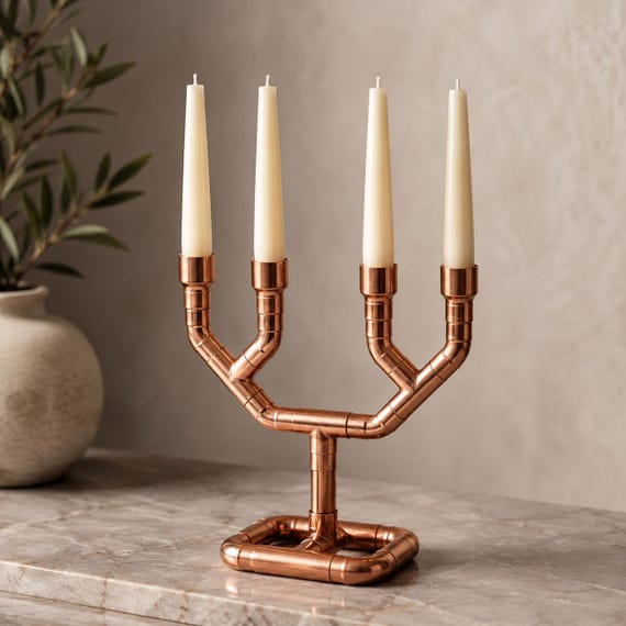 Handcrafted Copper Pipe Four-Arm Candelabra — Pedestal