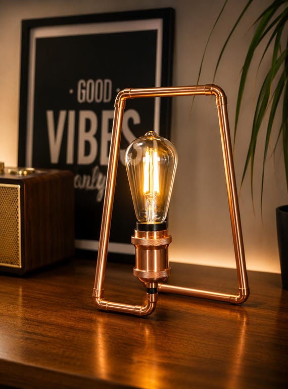 Handcrafted Copper Pipe Table Lamp | Industrial Edison Bulb Desk Lamp