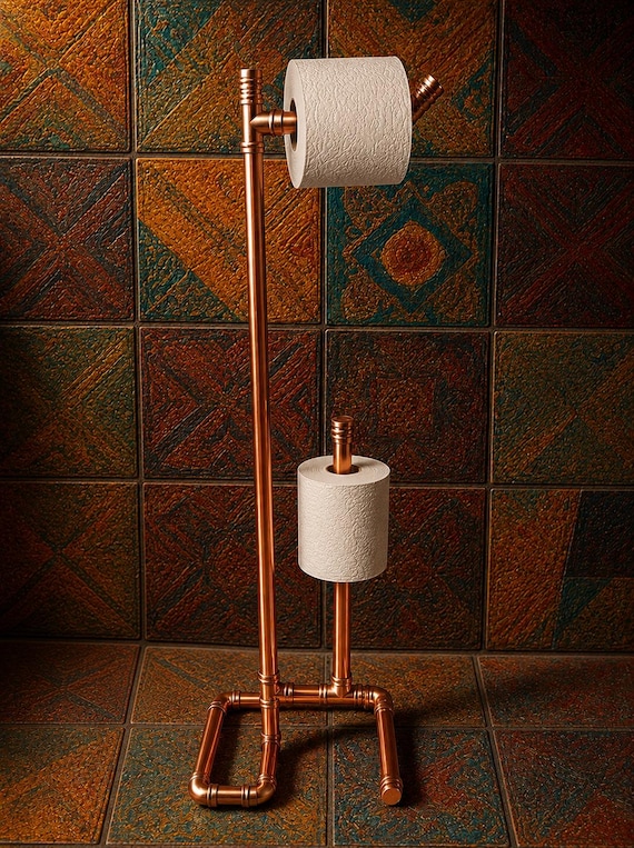 Copper Pipe TP Holder Stand |  | Freestanding TP Roll Holder | Modern | Handmade Copper Toilet Roll Stand | Industrial Bathroom Storage