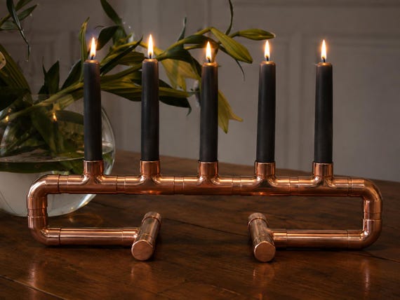 Handcrafted Copper Pipe Five-Stem Candelabra — Wide Manifold