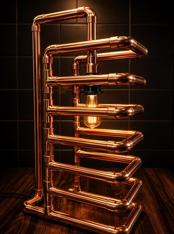 Handcrafted Copper Pipe Spiral Table Lamp | Large Industrial Edison Desk Light
