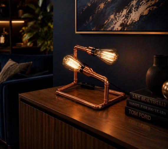 Handcrafted Double Copper Pipe Table Lamp | Industrial Edison Bulb Desk Light