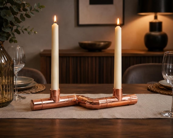 Handcrafted Copper Pipe Dual Candlestick Holder | Industrial Candelabra