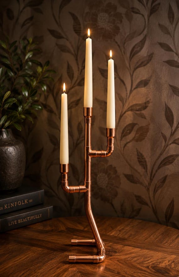 Copper Pipe Three-Stem Candelabra | Handmade Industrial Candleholder