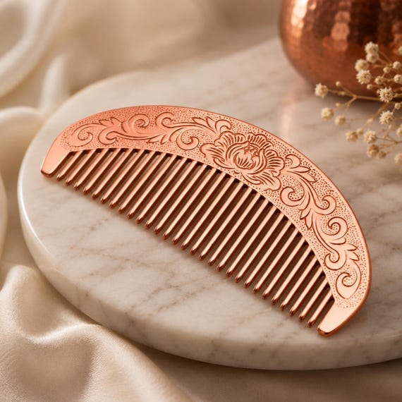 Handmade Solid Copper Hair Comb – Floral Engraved Crescent Design (105mm)