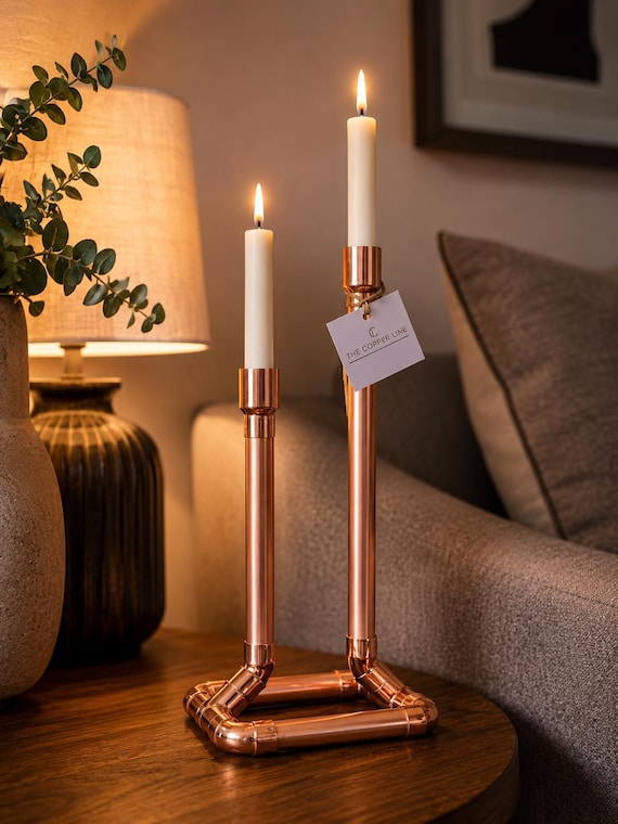 Copper Pipe Candlestick Holder | Handmade Double Candle Holder | Industrial Copper Home Decor | Unique Gift