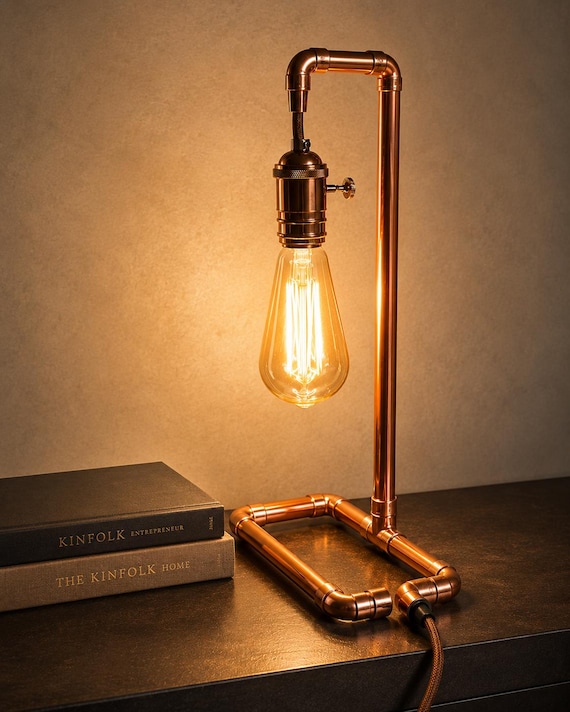 Copper Pipe Table Lamp with Edison Bulb | Industrial Bedside Lamp