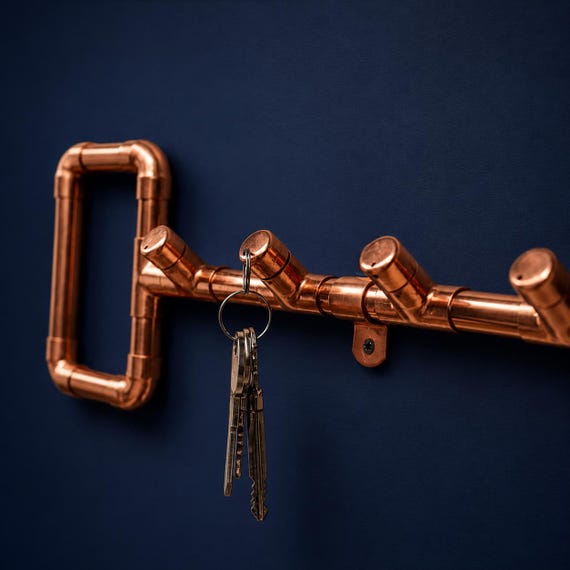 Copper Pipe Wall Key Holder | Industrial Key Rack with 4 Hooks | Copper Wall Mounted Key Rack | Modern Entryway Organiser | Key Storage