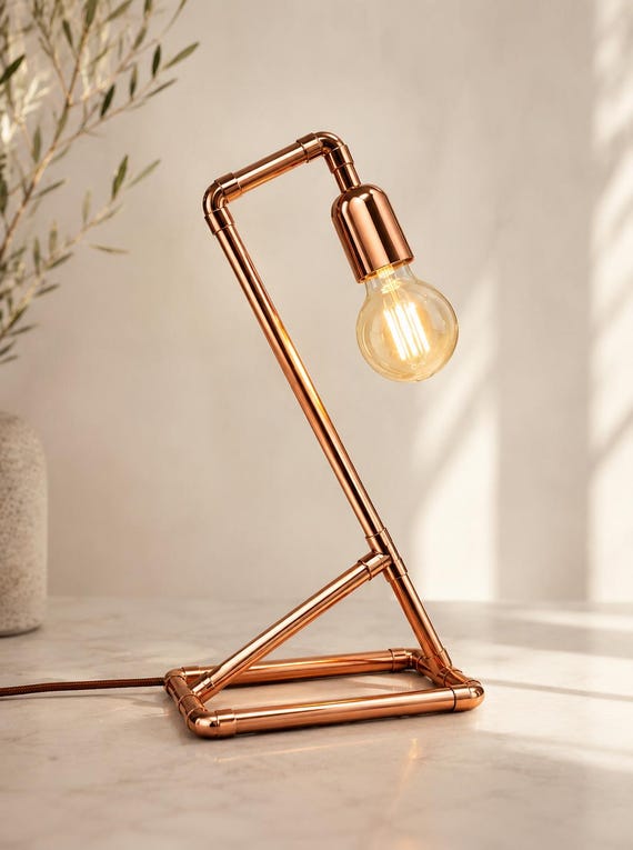 Industrial Copper Pipe Table Lamp | Geometric Desk Lamp | Handmade Copper Lighting | Rustic Bedside Lamp with Edison Style Bulb