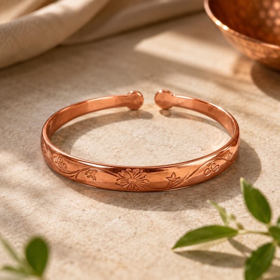 Handmade Etched Copper Cuff Bracelet | Adjustable Open Bangle | The Copper Line