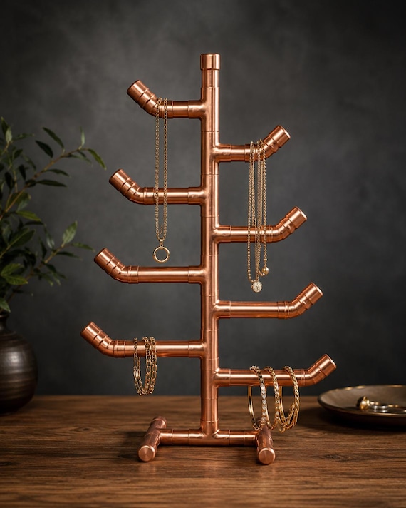Handmade Copper Pipe Jewelry Tree | Industrial Necklace Holder | Bracelet Organizer | Minimalist Vanity Decor