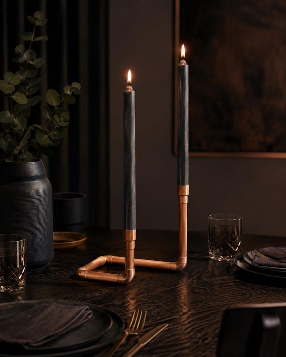 Handcrafted Copper Pipe Dual Candlestick Holder — Dark Edition