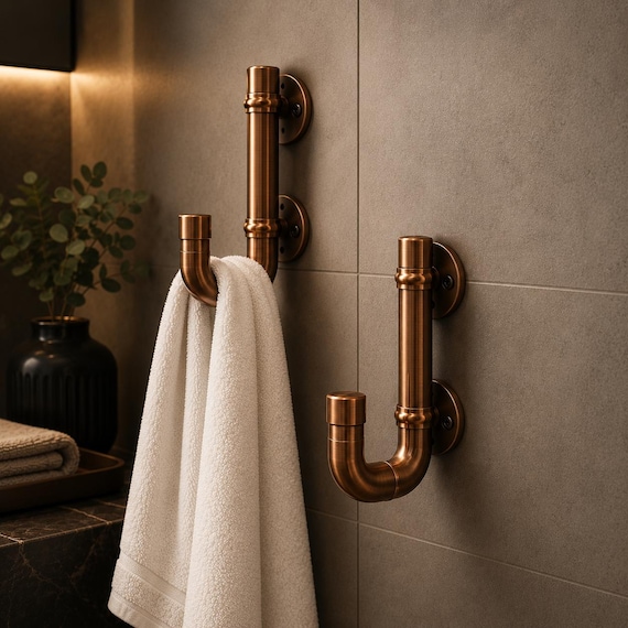 Industrial Copper Pipe Wall Hooks | Rustic Towel Hooks | Coat Hooks| Copper Fitting Bathroom Decor