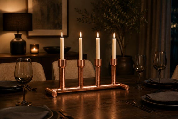 Handcrafted Copper Pipe Four-Stem Candelabra