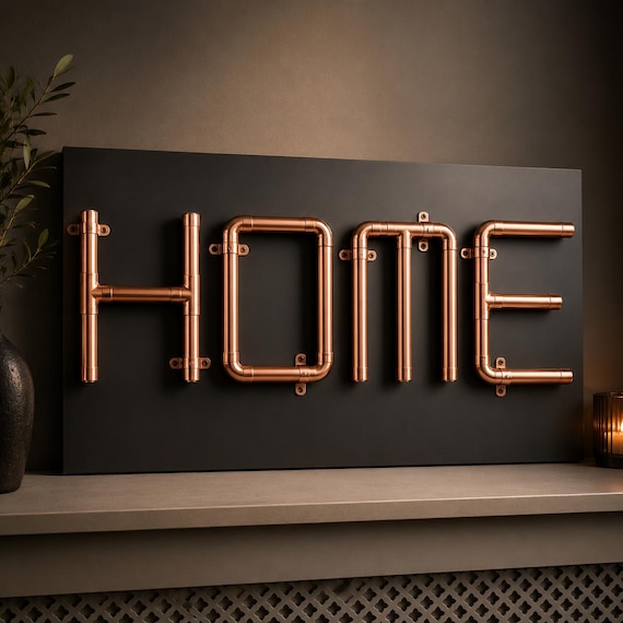 Copper Pipe HOME Wall Sculpture | Copper on Oak