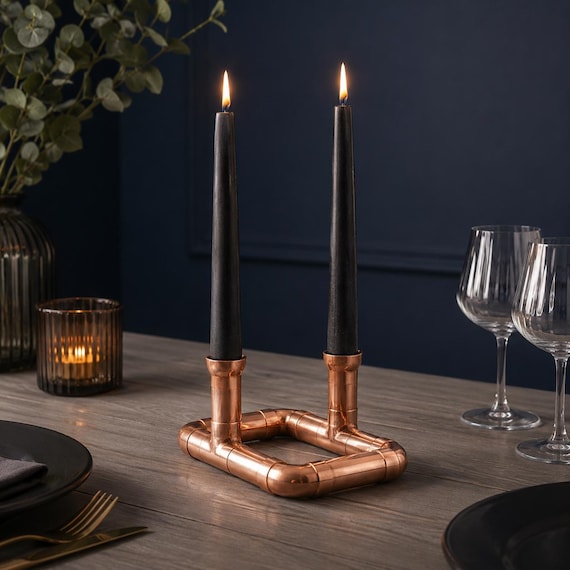 Handcrafted Copper Pipe Dual Candlestick Holder — Square Base