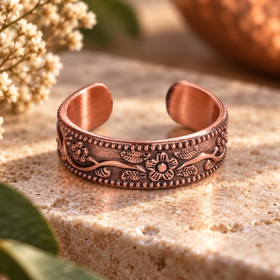 Adjustable Floral Copper Cuff Ring | Engraved Aged Finish | Unisex Copper Jewellery