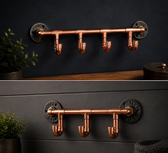 Copper Coat Hooks | Wall Mounted Towel Rack | Industrial Bathroom Hook Rail | Farmhouse Copper Pipe Hooks | Entryway Organizer
