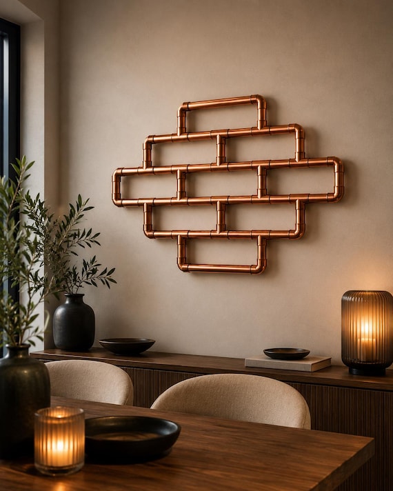 Copper Pipe Geometric Grid Wall Sculpture