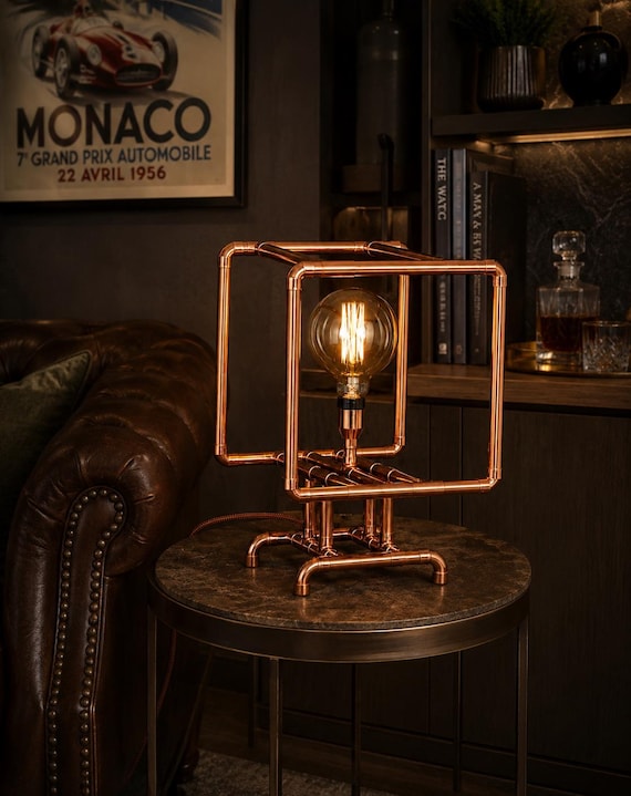 Industrial Copper Cube Table Lamp | Handcrafted Pipe Lamp with Edison Bulb 