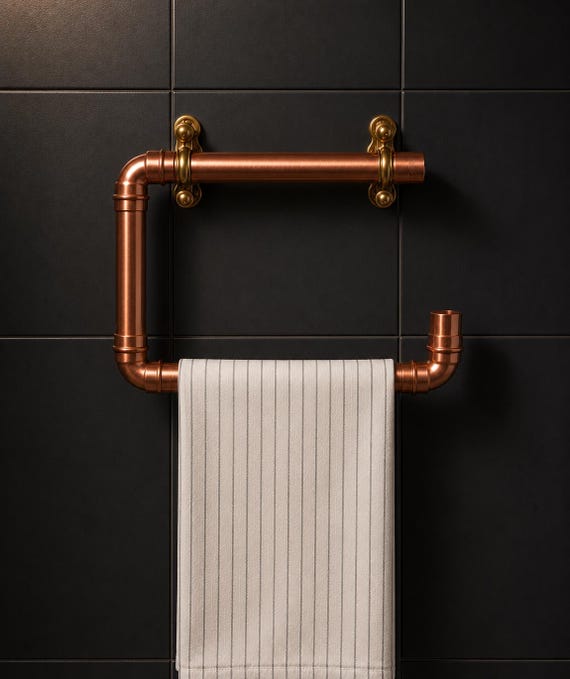 Handmade Industrial Copper Pipe Towel Holder | Wall Mounted Bathroom Hand Towel Rail | Rustic Copper Bathroom Decor