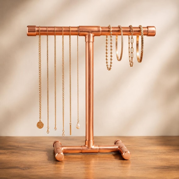 Handcrafted Copper Pipe Jewellery Stand | Industrial T-Bar Necklace & Bracelet Display