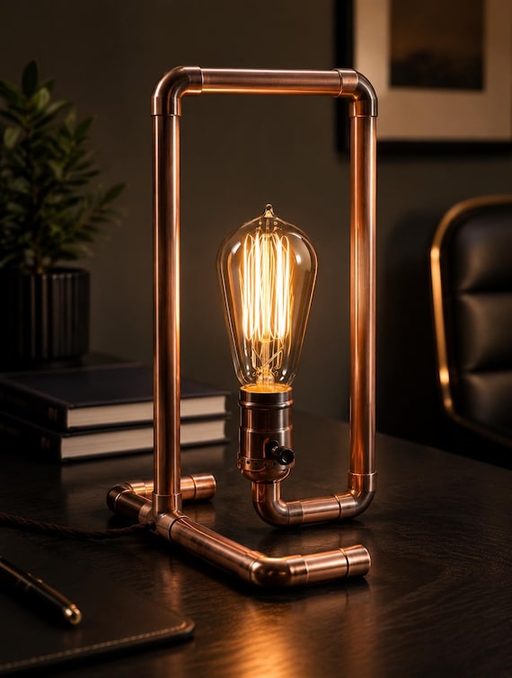 Handmade Industrial Copper Pipe Table Lamp with Edison Bulb | Rustic Bedside Lamp | Modern Lamp