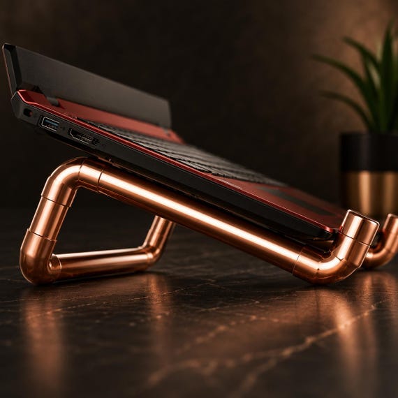 Handcrafted Copper Laptop Stand | Ergonomic Industrial Pipe Riser for Desk