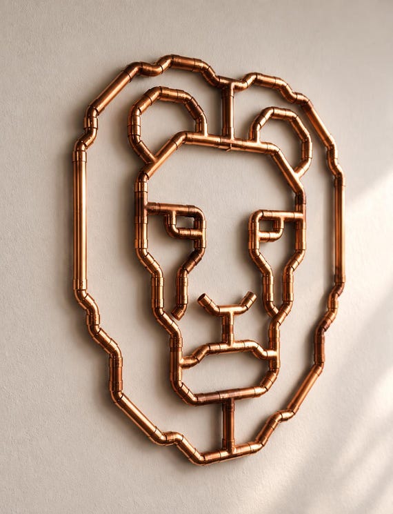 Copper Pipe Lion Wall Art | Handmade Industrial Wall Sculpture