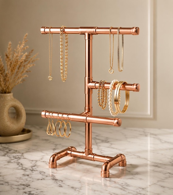 Handmade Copper Jewellery Tree | 3-Tier Necklace & Bracelet Holder (UK Made)