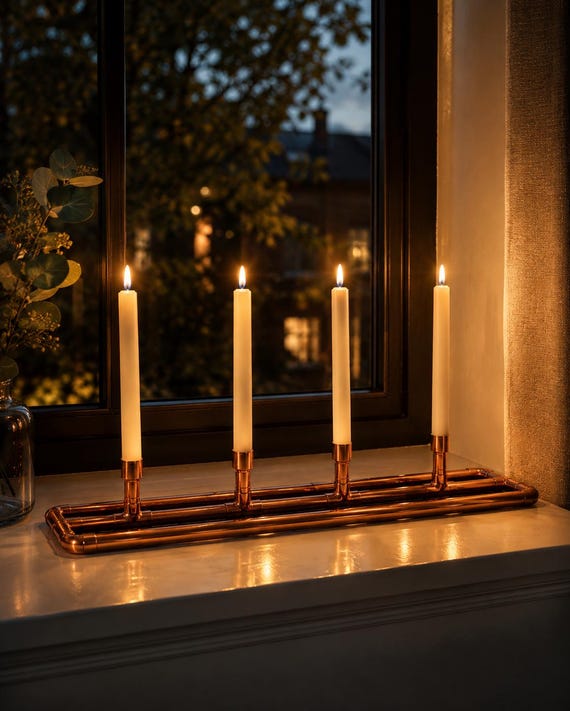 Handcrafted Copper Pipe Four-Stem Wide Candleholder — Low Frame