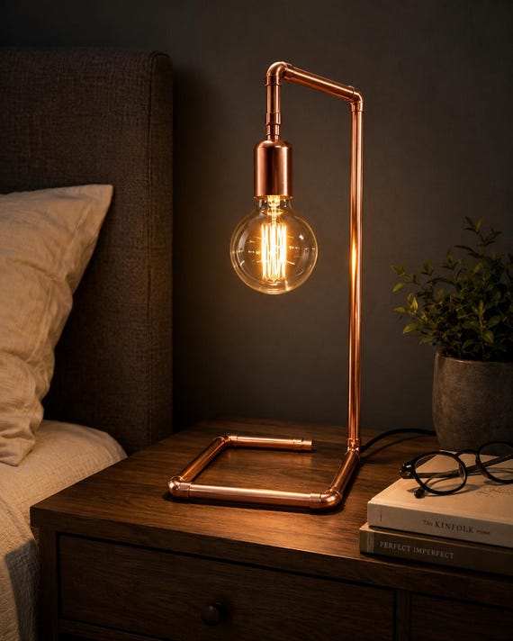 Industrial Copper Pipe Table Lamp with Edison Bulb | Modern Table Lamp
