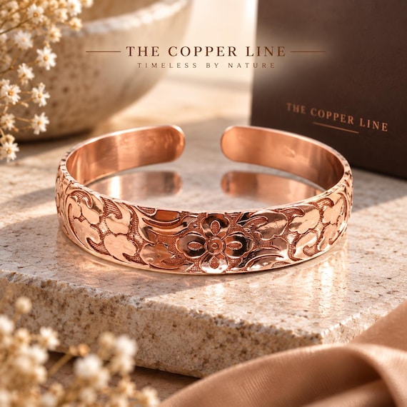 Ornate Engraved Copper Cuff Bracelet | 99.9% Pure Copper | Adjustable Open Bangle | Unisex Jewellery