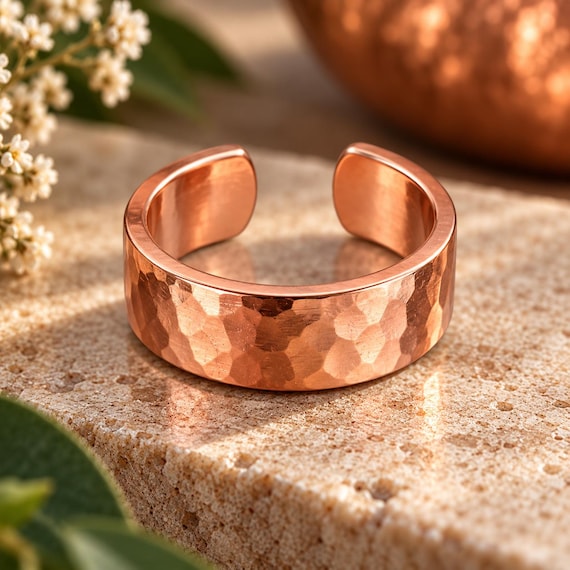 Hammered Copper Ring | Adjustable 6mm Band | Textured Finish, Unisex Gift