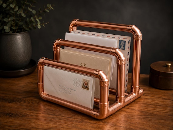 Copper Letter Rack Organizer | 3-Tier Mail Sorter, Desk Tray, Entryway Decor