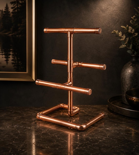 Handmade Copper Pipe Jewellery Tree | Three-Tier Organiser | Industrial Vanity Decor