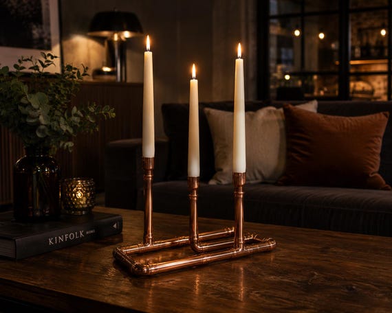 Handcrafted Copper Pipe Three-Stem Candelabra — Low Frame