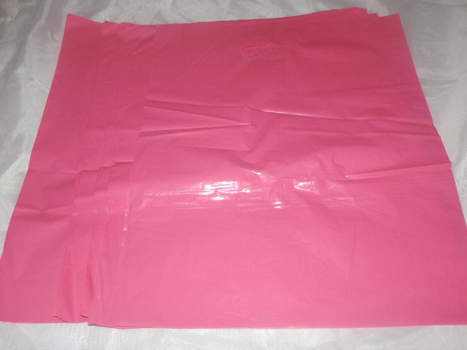 50 Glossy Pink Plastic Merchandise Bags size 12x15 Handle Retail Gift Bags wholesale lot
